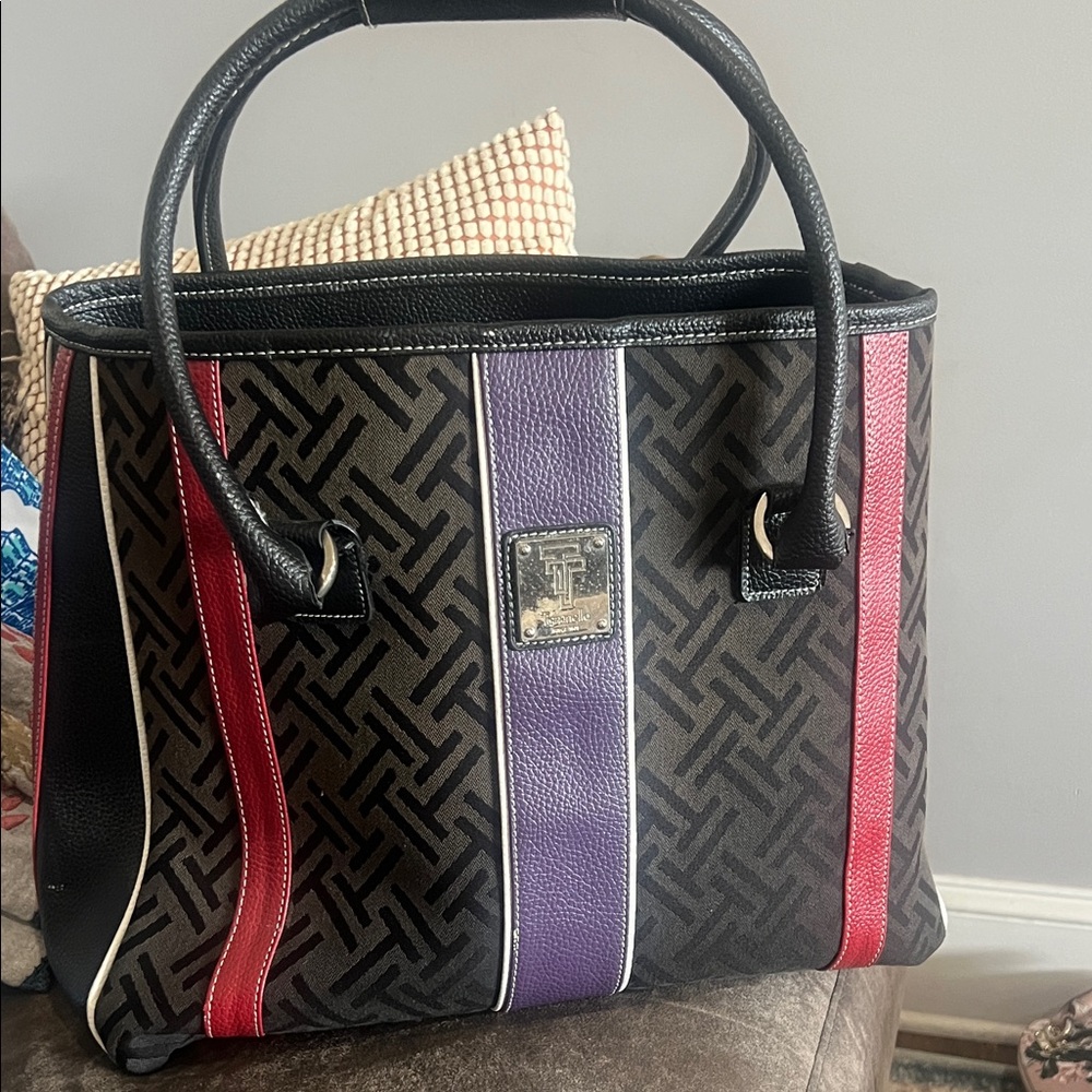 Designer-Inspired Black Tote with Purple and Red Stripe Accents - Picture 1 of 12